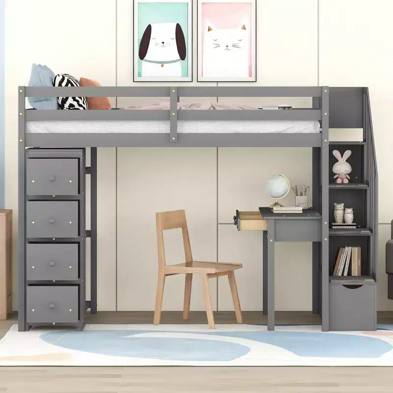 Whisen 94.40''L  41.80''W Modern Design Twin Size Wooden Loft Bed with Storage Drawers, Desk and Stairs