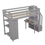 Whisen 94.40''L  41.80''W Modern Design Twin Size Wooden Loft Bed with Storage Drawers, Desk and Stairs