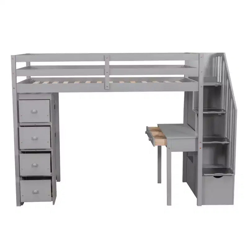 Whisen 94.40''L  41.80''W Modern Design Twin Size Wooden Loft Bed with Storage Drawers, Desk and Stairs