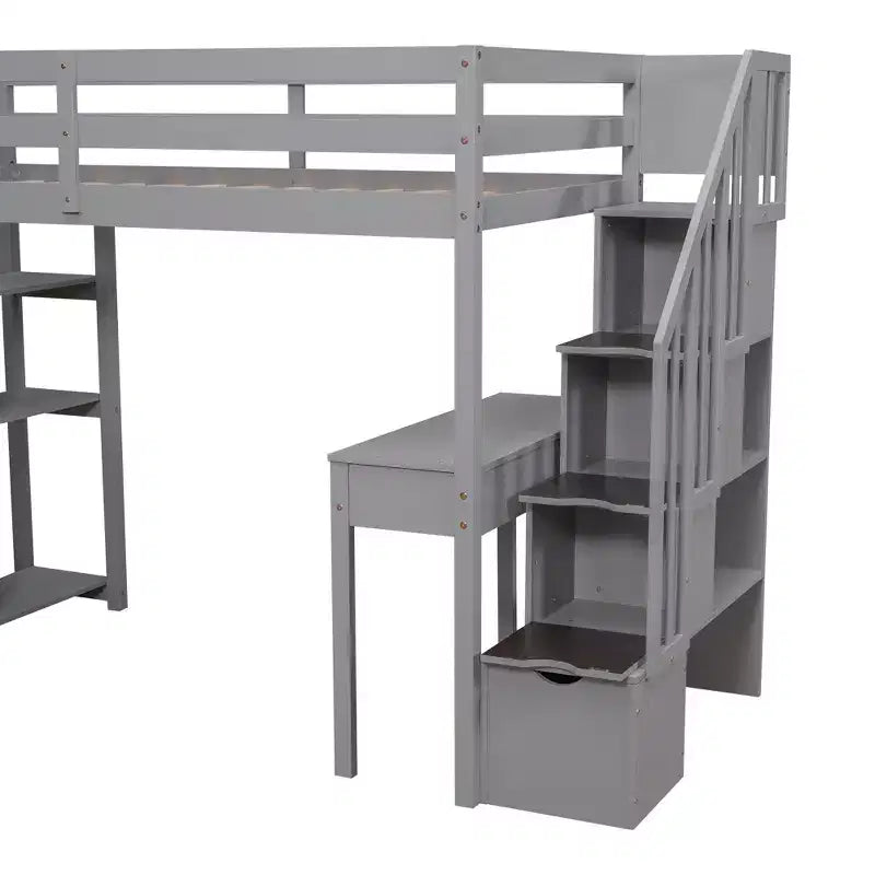 Whisen 94.40''L  41.80''W Modern Design Twin Size Wooden Loft Bed with Storage Drawers, Desk and Stairs