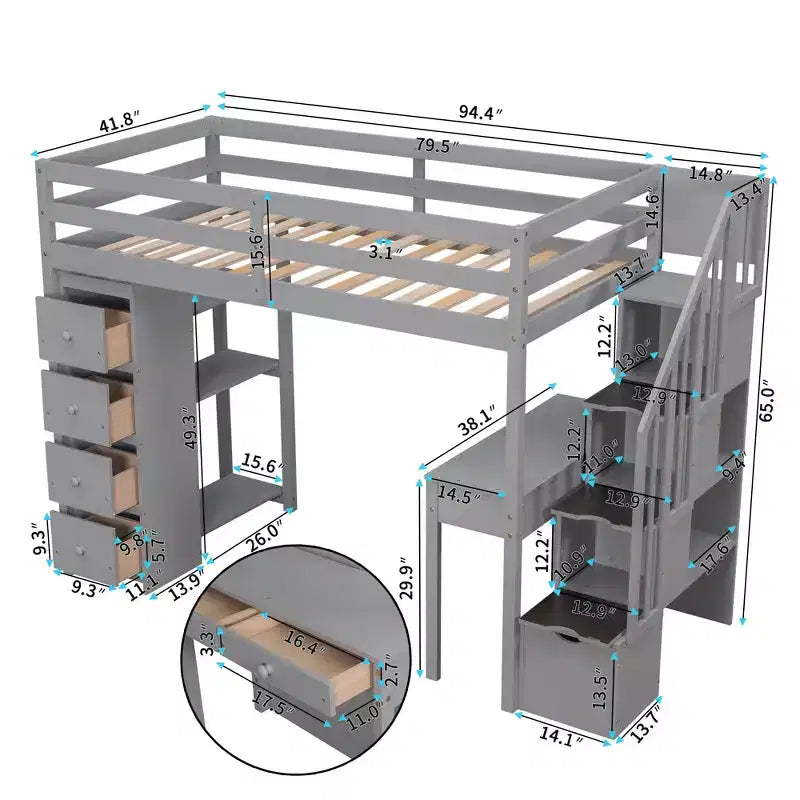 Whisen 94.40''L  41.80''W Modern Design Twin Size Wooden Loft Bed with Storage Drawers, Desk and Stairs