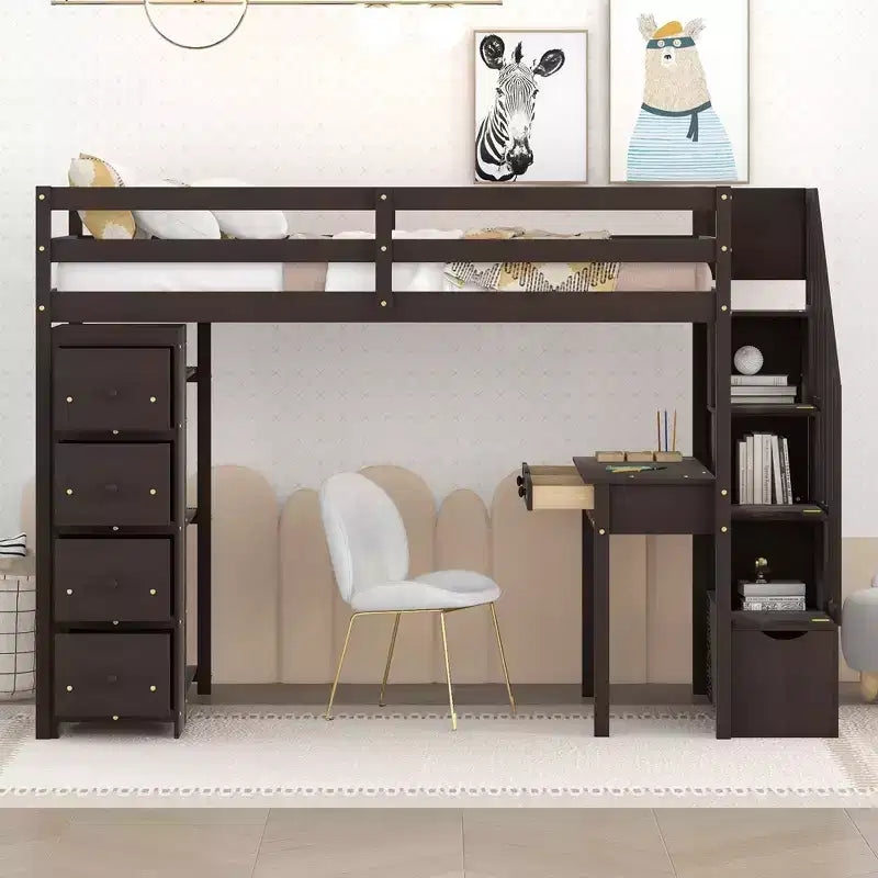 Whisen 94.40''L  41.80''W Modern Design Twin Size Wooden Loft Bed with Storage Drawers, Desk and Stairs