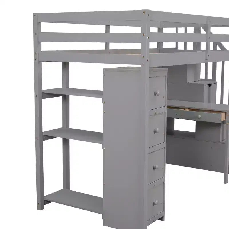 Whisen 94.40''L  41.80''W Modern Design Twin Size Wooden Loft Bed with Storage Drawers, Desk and Stairs