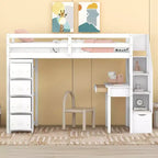 Whisen 94.40''L  41.80''W Modern Design Twin Size Wooden Loft Bed with Storage Drawers, Desk and Stairs