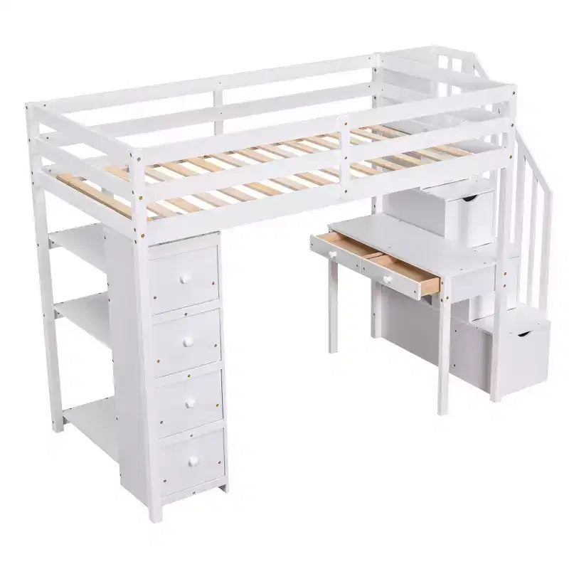 Whisen 94.40''L  41.80''W Modern Design Twin Size Wooden Loft Bed with Storage Drawers, Desk and Stairs