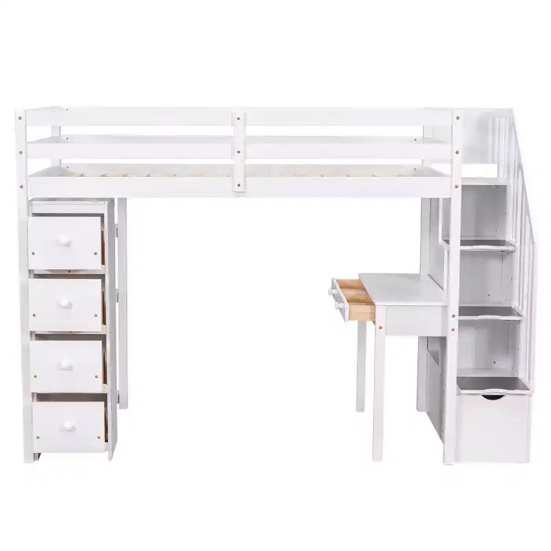 Whisen 94.40''L  41.80''W Modern Design Twin Size Wooden Loft Bed with Storage Drawers, Desk and Stairs