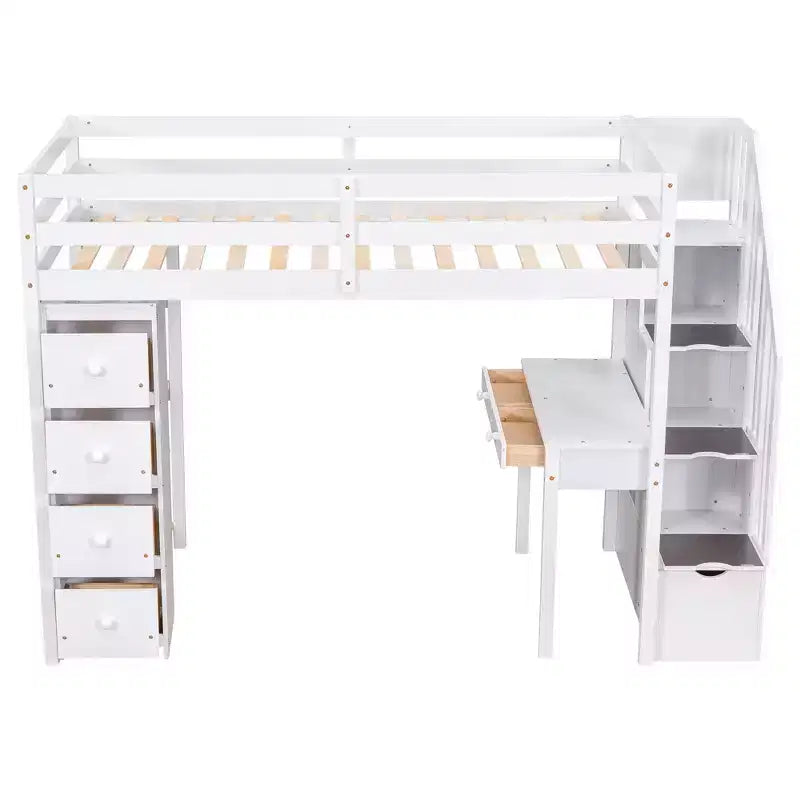 Whisen 94.40''L  41.80''W Modern Design Twin Size Wooden Loft Bed with Storage Drawers, Desk and Stairs
