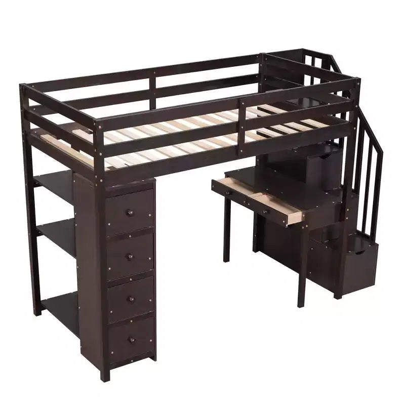 Whisen 94.40''L  41.80''W Modern Design Twin Size Wooden Loft Bed with Storage Drawers, Desk and Stairs
