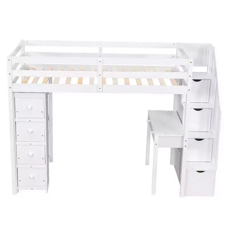 Whisen 94.40''L  41.80''W Modern Design Twin Size Wooden Loft Bed with Storage Drawers, Desk and Stairs