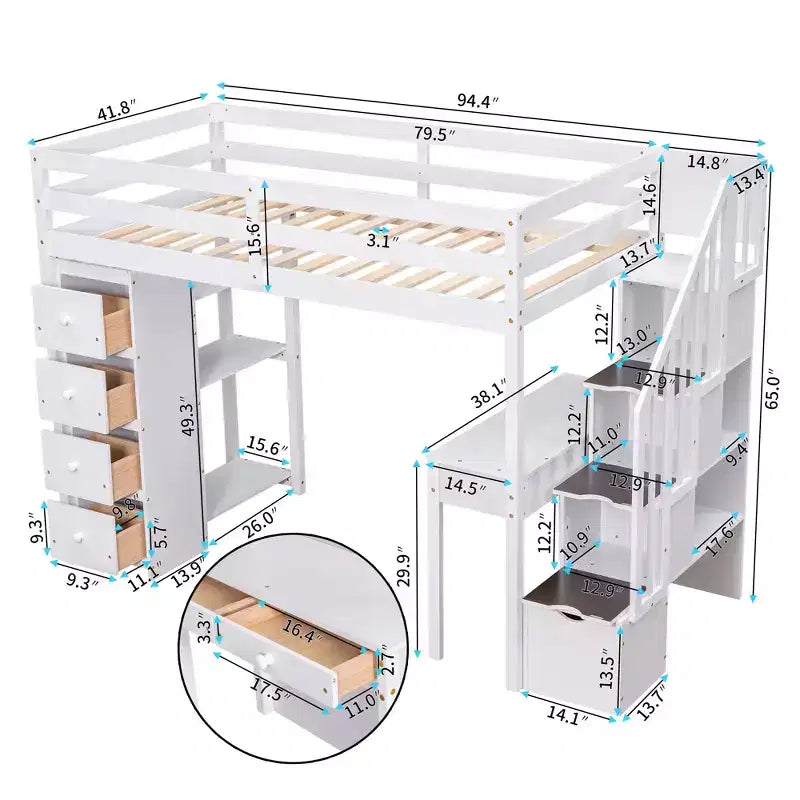 Whisen 94.40''L  41.80''W Modern Design Twin Size Wooden Loft Bed with Storage Drawers, Desk and Stairs