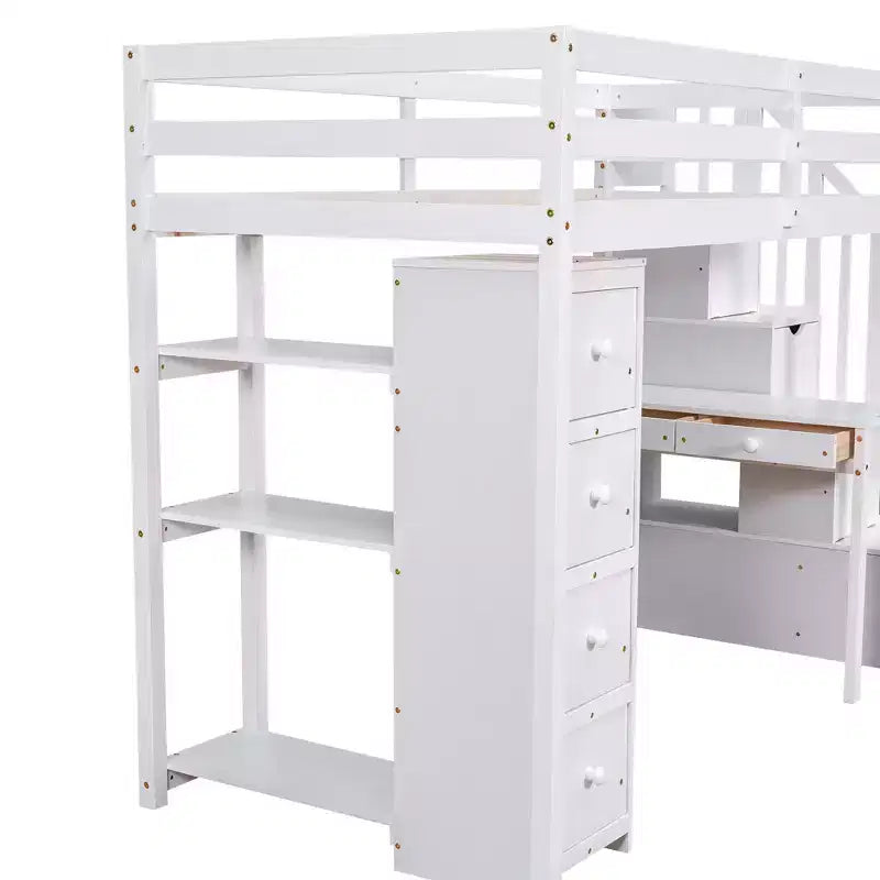 Whisen 94.40''L  41.80''W Modern Design Twin Size Wooden Loft Bed with Storage Drawers, Desk and Stairs