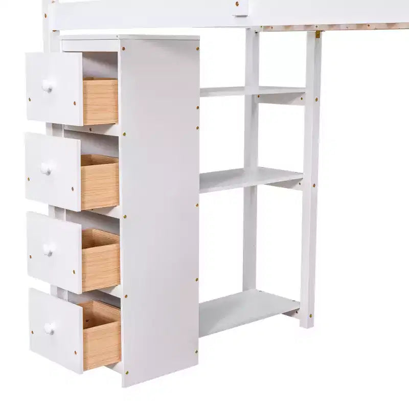 Whisen 94.40''L  41.80''W Modern Design Twin Size Wooden Loft Bed with Storage Drawers, Desk and Stairs