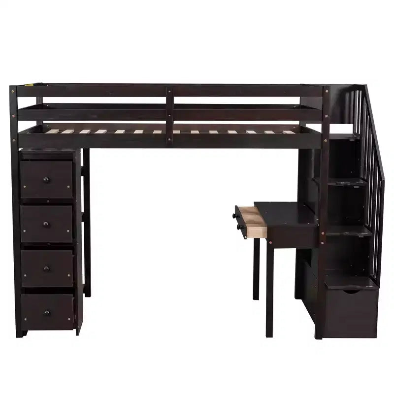 Whisen 94.40''L  41.80''W Modern Design Twin Size Wooden Loft Bed with Storage Drawers, Desk and Stairs