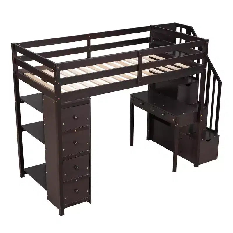 Whisen 94.40''L  41.80''W Modern Design Twin Size Wooden Loft Bed with Storage Drawers, Desk and Stairs