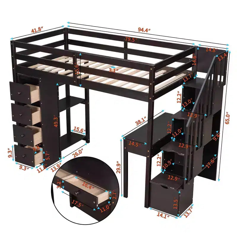 Whisen 94.40''L  41.80''W Modern Design Twin Size Wooden Loft Bed with Storage Drawers, Desk and Stairs
