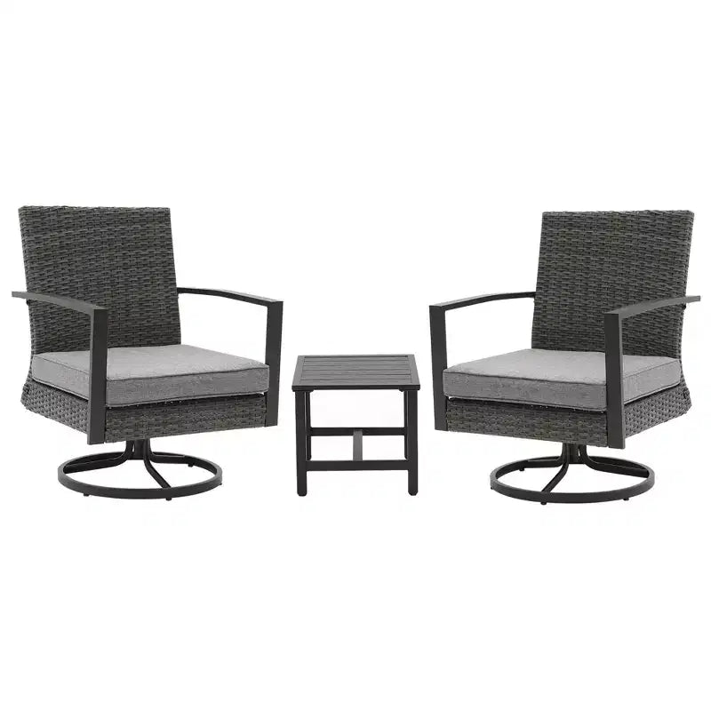 Heynemo 3 Pieces Patio Bistro Set with Swivel Chair and Small Side Table, All Weather Rattan Chairs with Water-Resistant Cushions & Metal Frame