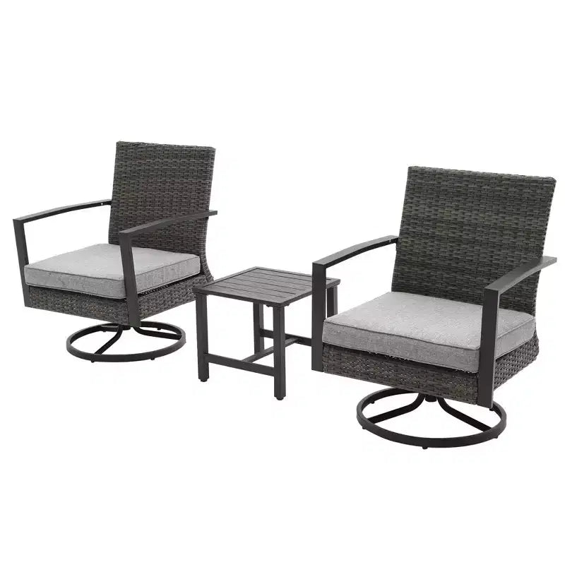 Heynemo 3 Pieces Patio Bistro Set with Swivel Chair and Small Side Table, All Weather Rattan Chairs with Water-Resistant Cushions & Metal Frame