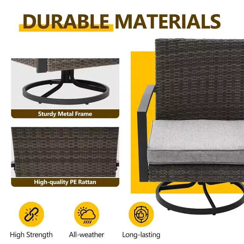 Heynemo 3 Pieces Patio Bistro Set with Swivel Chair and Small Side Table, All Weather Rattan Chairs with Water-Resistant Cushions & Metal Frame