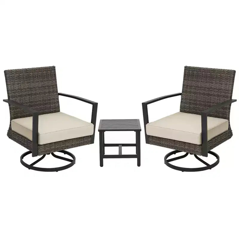 Heynemo 3 Pieces Patio Bistro Set with Swivel Chair and Small Side Table, All Weather Rattan Chairs with Water-Resistant Cushions & Metal Frame