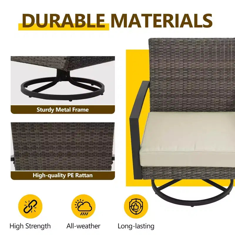 Heynemo 3 Pieces Patio Bistro Set with Swivel Chair and Small Side Table, All Weather Rattan Chairs with Water-Resistant Cushions & Metal Frame