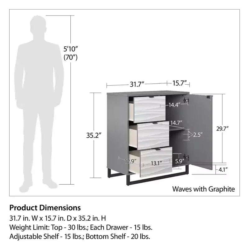 Monterey 1 Door / 3 Drawer Accent Cabinet, Faux Wave Pattern with Graphite