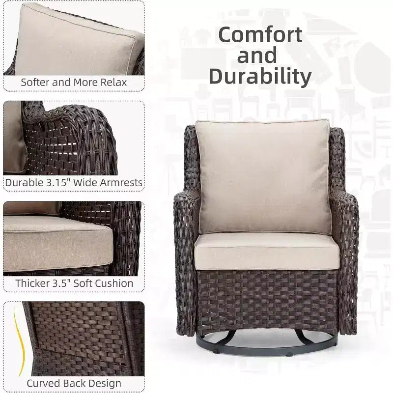 3 Pieces Outdoor Wicker Swivel Rocker Patio Set, 360-Degree Swivel Rocking Chair Elegant Wicker Patio Bistro Set with Tempered Glass Top Side Table