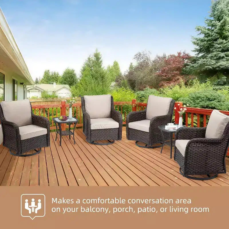 3 Pieces Outdoor Wicker Swivel Rocker Patio Set, 360-Degree Swivel Rocking Chair Elegant Wicker Patio Bistro Set with Tempered Glass Top Side Table