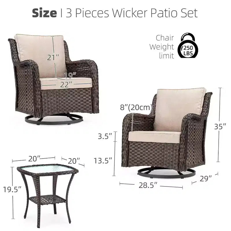 3 Pieces Outdoor Wicker Swivel Rocker Patio Set, 360-Degree Swivel Rocking Chair Elegant Wicker Patio Bistro Set with Tempered Glass Top Side Table