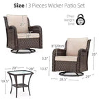 3 Pieces Outdoor Wicker Swivel Rocker Patio Set, 360-Degree Swivel Rocking Chair Elegant Wicker Patio Bistro Set with Tempered Glass Top Side Table