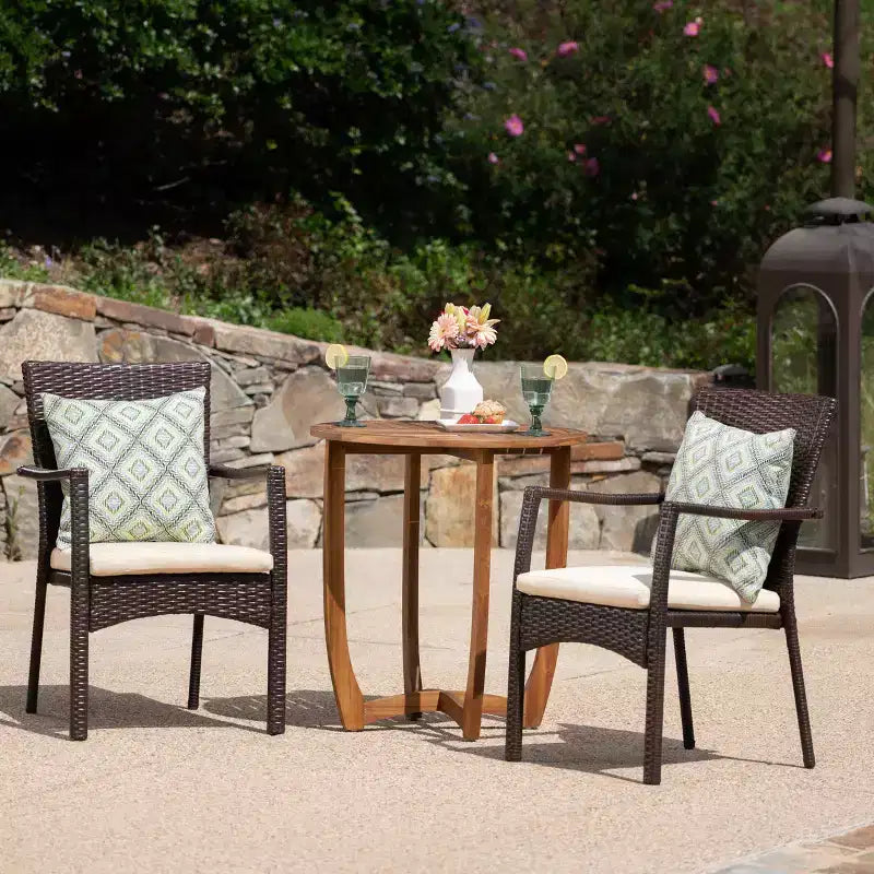 Christopher Knight Home Sloane Outdoor Acacia Wood and Wicker 3 Piece Bistro Set with Cushions