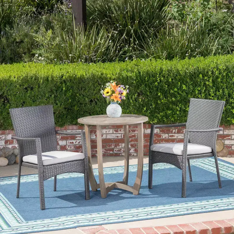 Christopher Knight Home Sloane Outdoor Acacia Wood and Wicker 3 Piece Bistro Set with Cushions