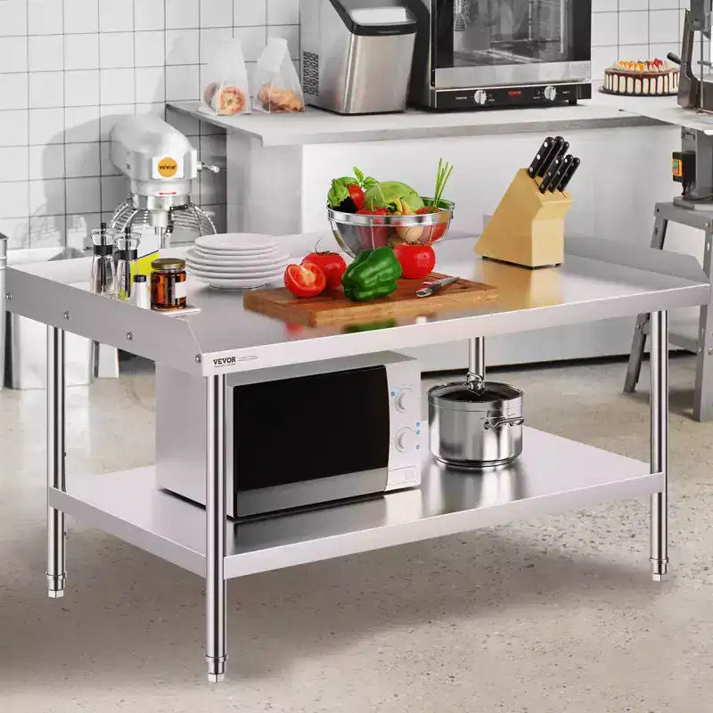 VEVOR Stainless Steel Work Table, 30 x 48 x 26 Inch Commercial Food Prep Worktable, 3-Sided Backsplash Heavy Duty Prep Worktable, Metal Work Table