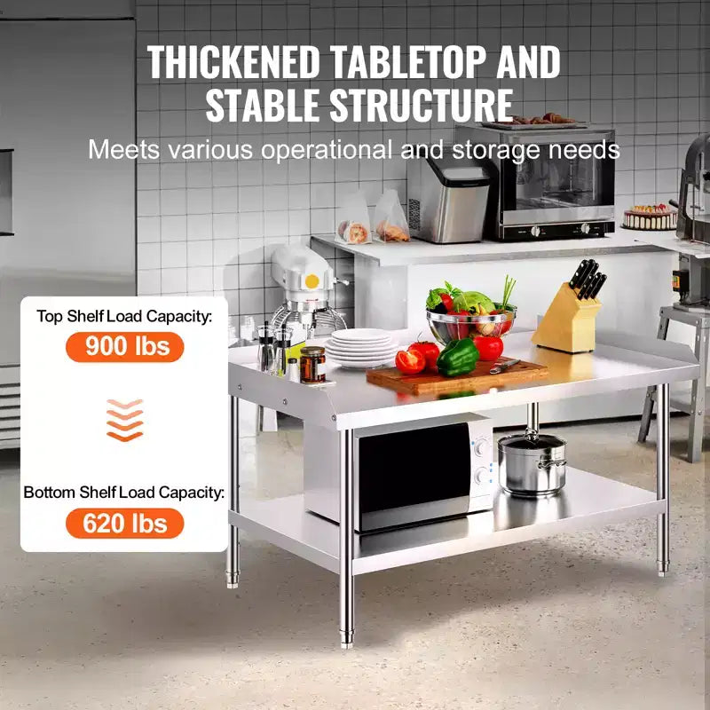 VEVOR Stainless Steel Work Table, 30 x 48 x 26 Inch Commercial Food Prep Worktable, 3-Sided Backsplash Heavy Duty Prep Worktable, Metal Work Table