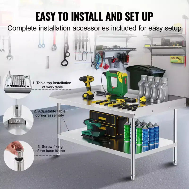 VEVOR Stainless Steel Work Table, 30 x 48 x 26 Inch Commercial Food Prep Worktable, 3-Sided Backsplash Heavy Duty Prep Worktable, Metal Work Table