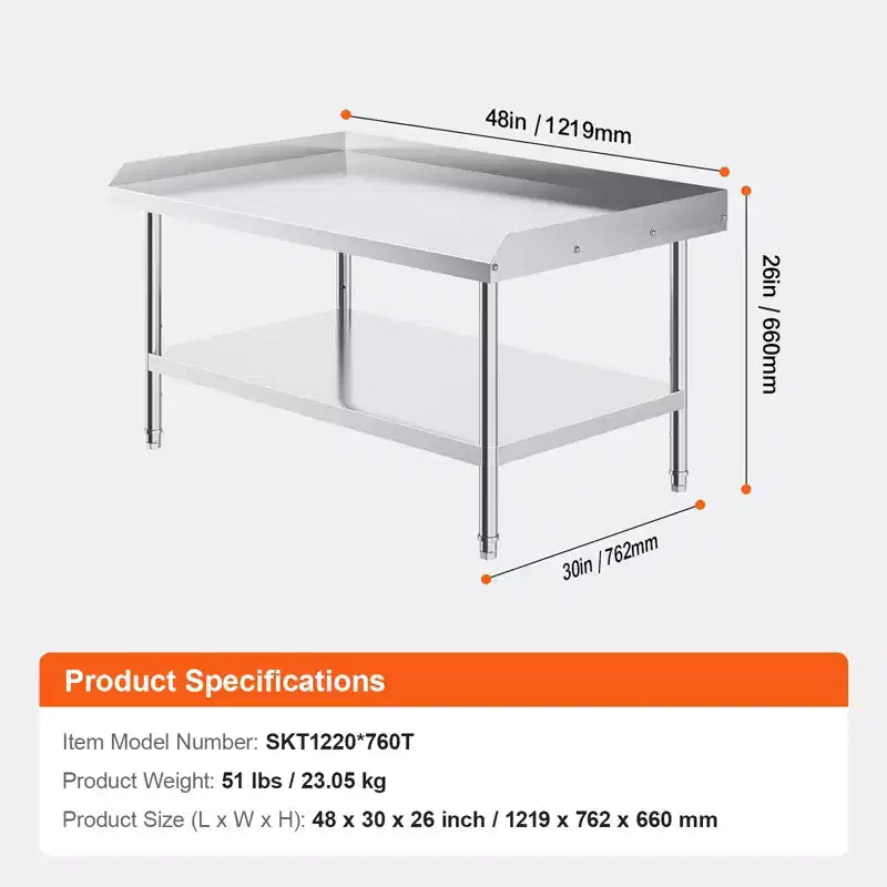 VEVOR Stainless Steel Work Table, 30 x 48 x 26 Inch Commercial Food Prep Worktable, 3-Sided Backsplash Heavy Duty Prep Worktable, Metal Work Table