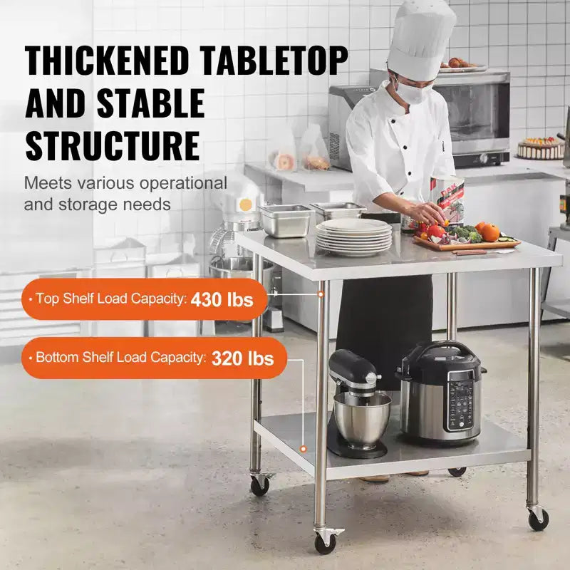 VEVOR Stainless Steel Work Table 24 x 36 x 38 Inch, with 4 Wheels, 3 Adjustable Height Levels, Heavy Duty Food Prep Worktable,Silver