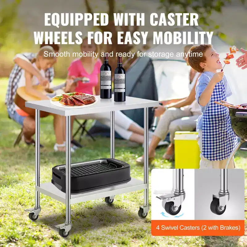 VEVOR Stainless Steel Work Table 24 x 36 x 38 Inch, with 4 Wheels, 3 Adjustable Height Levels, Heavy Duty Food Prep Worktable,Silver
