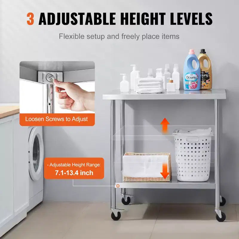 VEVOR Stainless Steel Work Table 24 x 36 x 38 Inch, with 4 Wheels, 3 Adjustable Height Levels, Heavy Duty Food Prep Worktable,Silver