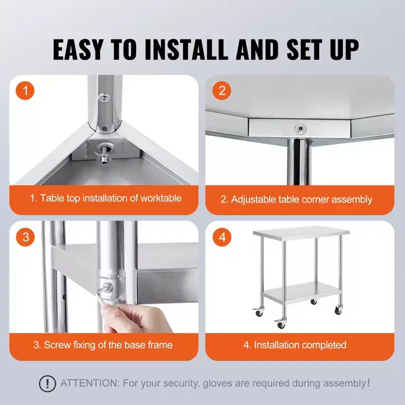 VEVOR Stainless Steel Work Table 24 x 36 x 38 Inch, with 4 Wheels, 3 Adjustable Height Levels, Heavy Duty Food Prep Worktable,Silver