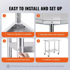 VEVOR Stainless Steel Work Table 24 x 36 x 38 Inch, with 4 Wheels, 3 Adjustable Height Levels, Heavy Duty Food Prep Worktable,Silver
