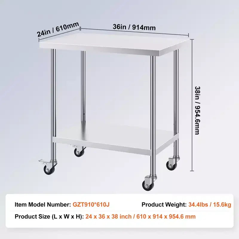 VEVOR Stainless Steel Work Table 24 x 36 x 38 Inch, with 4 Wheels, 3 Adjustable Height Levels, Heavy Duty Food Prep Worktable,Silver