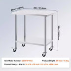 VEVOR Stainless Steel Work Table 24 x 36 x 38 Inch, with 4 Wheels, 3 Adjustable Height Levels, Heavy Duty Food Prep Worktable,Silver