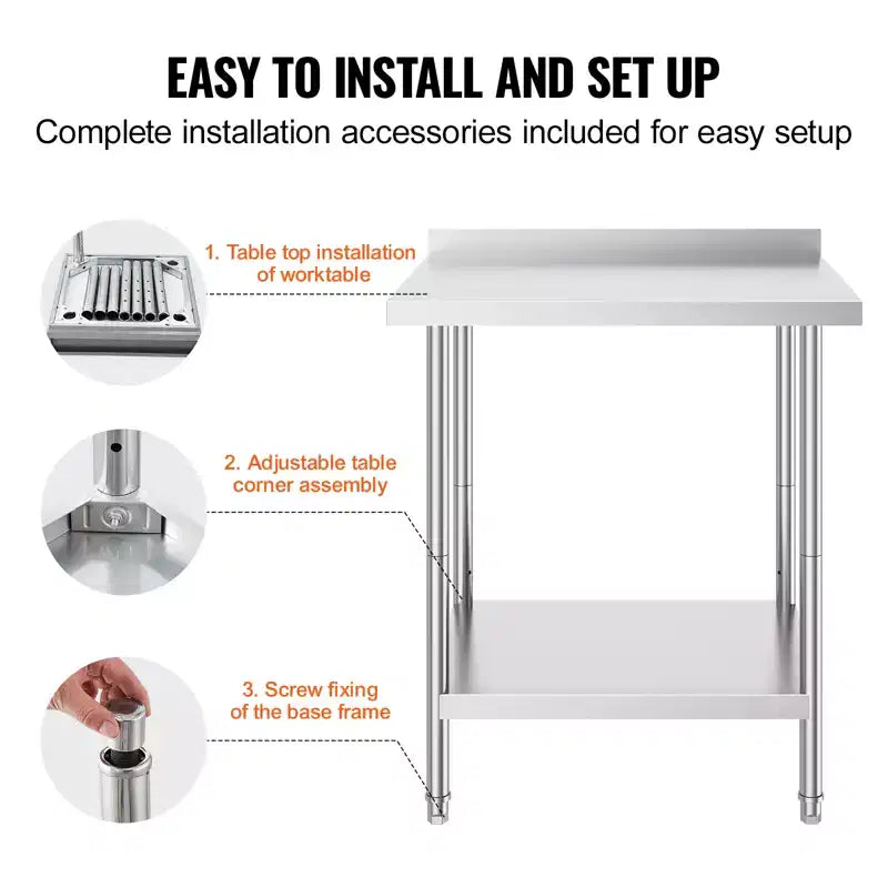 VEVOR 24 x 30 x 36 Inch Stainless Steel Work Table,Commercial Food Prep Worktable Heavy Duty Prep Worktable, Metal Work Table with Adjustable Height