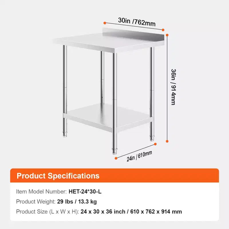 VEVOR 24 x 30 x 36 Inch Stainless Steel Work Table,Commercial Food Prep Worktable Heavy Duty Prep Worktable, Metal Work Table with Adjustable Height