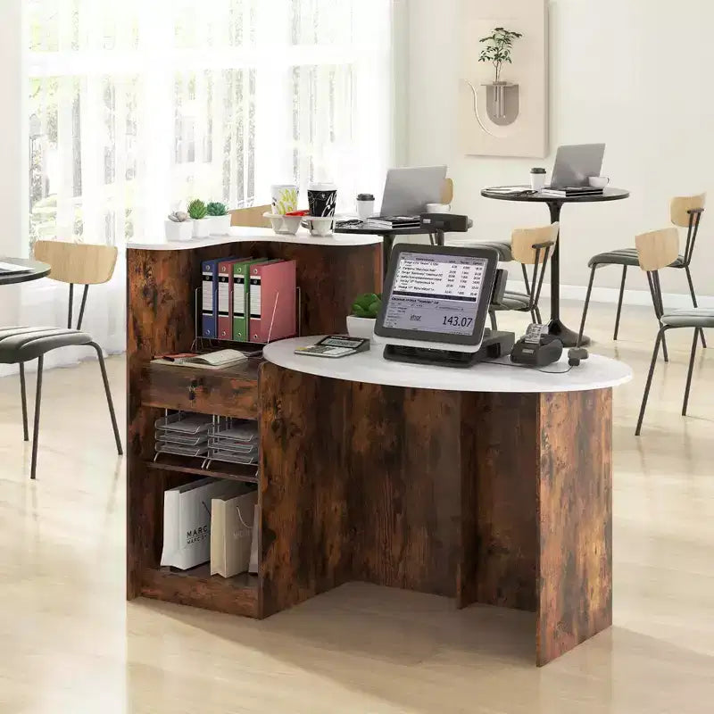 Costway Reception Desk with Lockable Drawer & Adjustable Shelf Oval Tabletop for Store White/Black