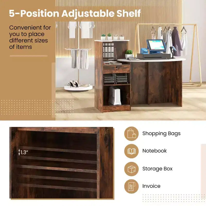Costway Reception Desk with Lockable Drawer & Adjustable Shelf Oval Tabletop for Store White/Black
