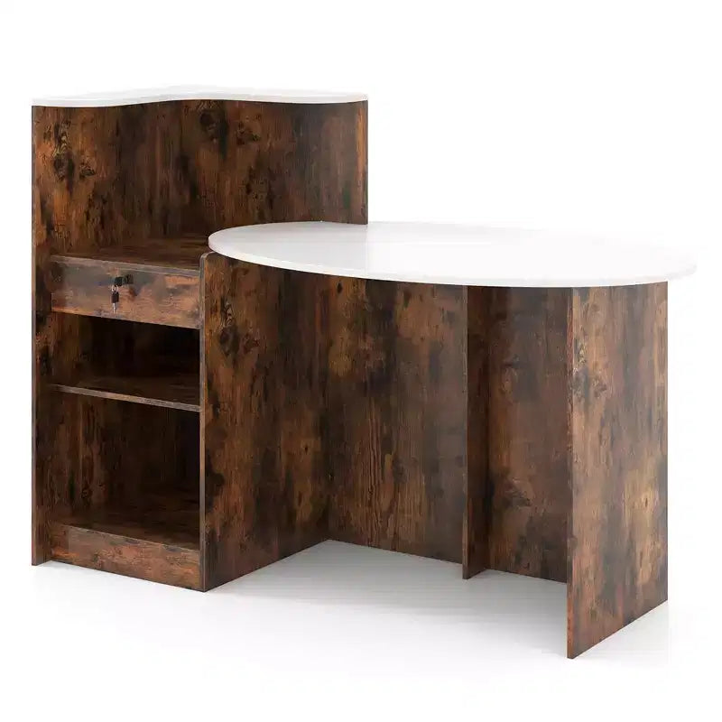 Costway Reception Desk with Lockable Drawer & Adjustable Shelf Oval Tabletop for Store White/Black