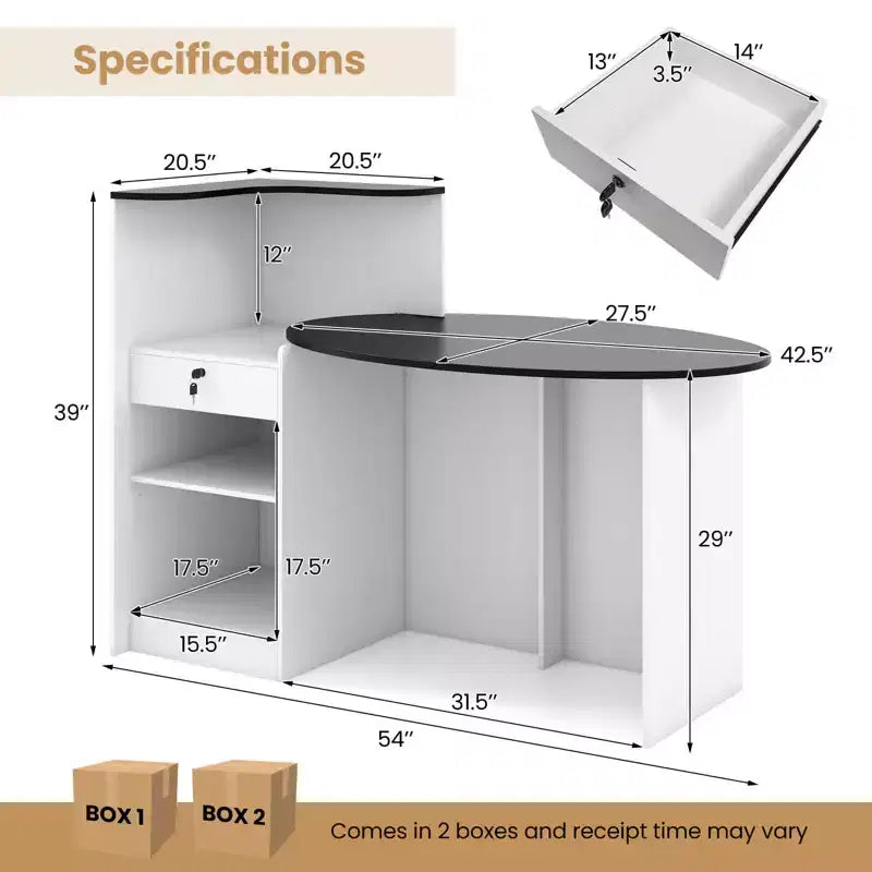 Costway Reception Desk with Lockable Drawer & Adjustable Shelf Oval Tabletop for Store White/Black