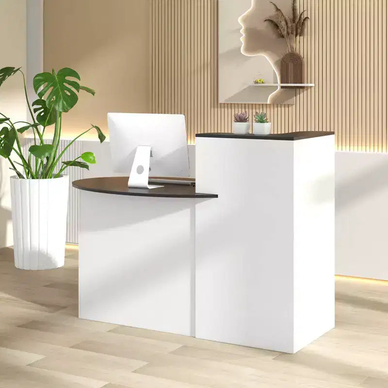 Costway Reception Desk with Lockable Drawer & Adjustable Shelf Oval Tabletop for Store White/Black