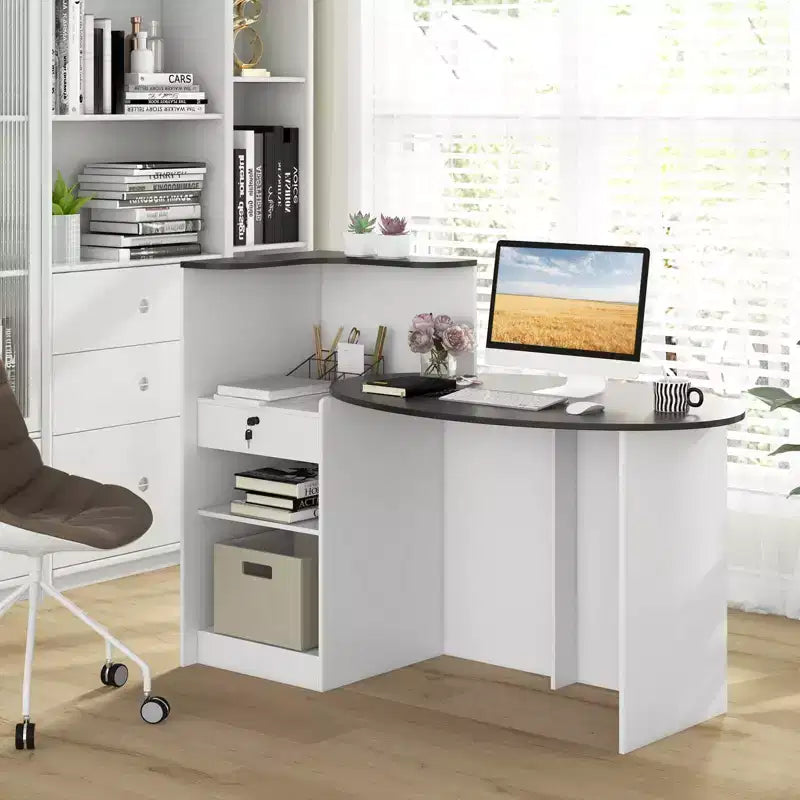 Costway Reception Desk with Lockable Drawer & Adjustable Shelf Oval Tabletop for Store White/Black